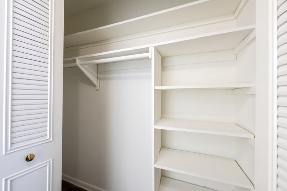 a closet with empty shelves and a door