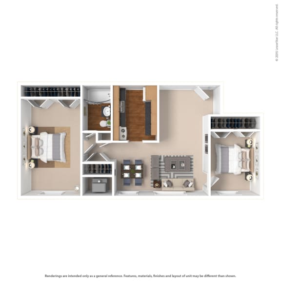 a stylized 3d floor plan with a bedroom and living room