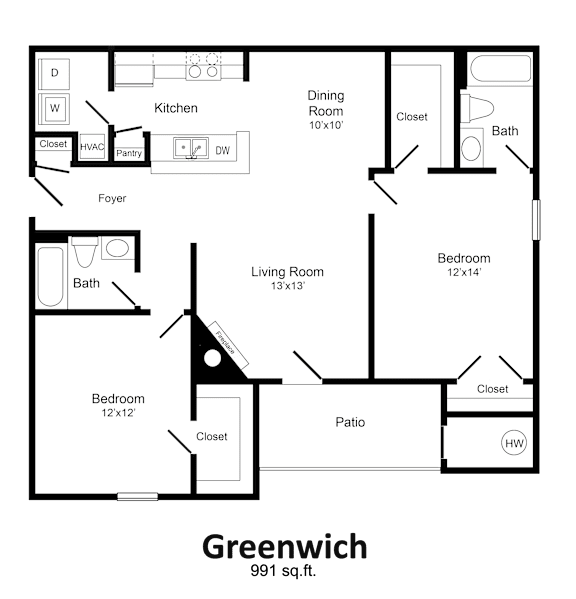A floor plan of a 991 square foot Greenwich apartment.