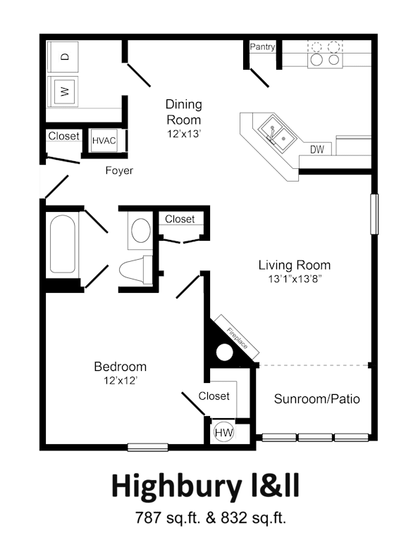 A floor plan of a Highbury I&II apartment, showing a living room, dining room, kitchen, and bedroom.