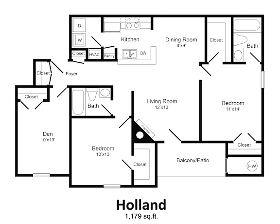 A floor plan of a Holland apartment with a living room, dining room, kitchen, and several bedrooms.