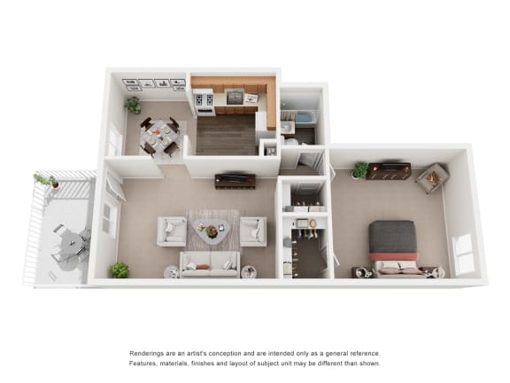 a stylized floor plan of a 1 bedroom apartment
