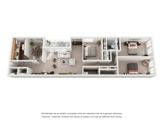 a stylized floor plan of a 1 bedroom apartment