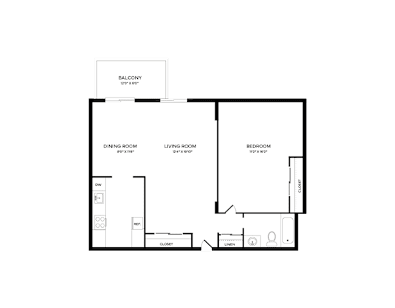 Floor Plan  A black and white image of a floor plan for a balcony, dining room, living room, and bedroom.