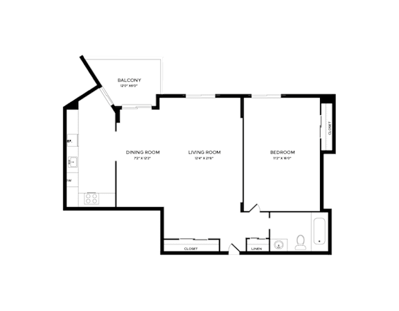 A floor plan of a house with a balcony, dining room, living room, and bedroom.
