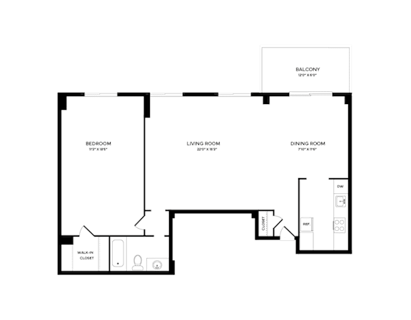 Floor Plan  A black and white image of a floor plan for a home with a balcony, bedroom, living room, and dining room.