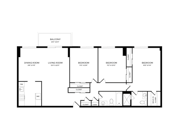 Floor Plan  A floor plan of a house with a balcony, two bedrooms, a living room, a dining room, a kitchen, a bathroom, a laundry room, and a garage.