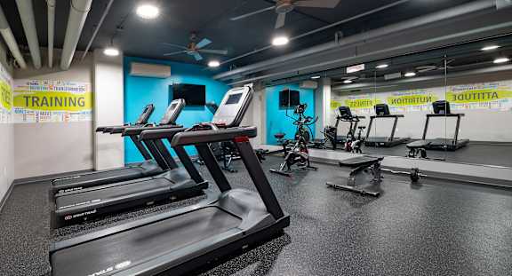 A gym with treadmills and exercise bikes.