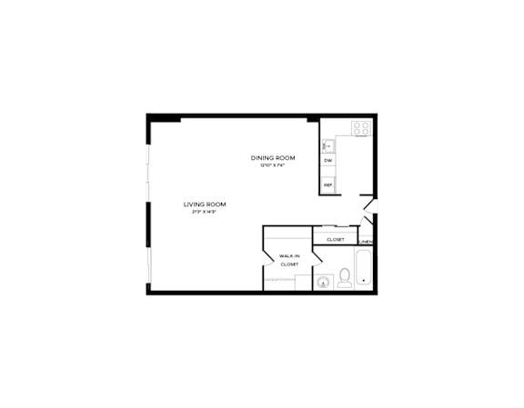 Floor Plan  A black and white image of a floor plan for a house with a dining room and living room.