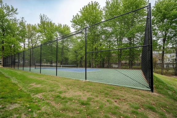 A tennis court is enclosed by a black fence.