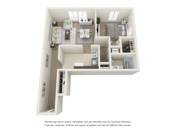 3D floor plan with a bedroom and a living room