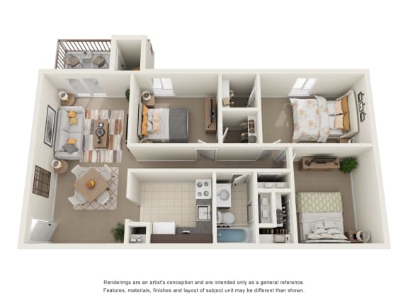 3d floorpland with three bedrooms, living room and kitchen