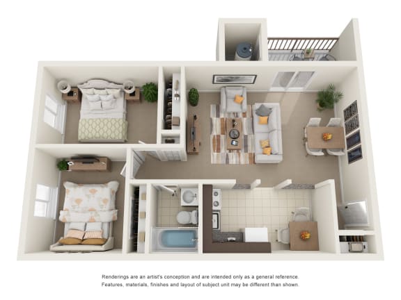 a stylized floor plan of a 1 bedroom apartment