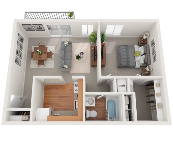 a 3d drawing of the living room of a 2100 sq ft apartment
