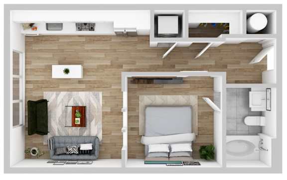A top-down view of a small apartment with a living room, kitchen, and bathroom.