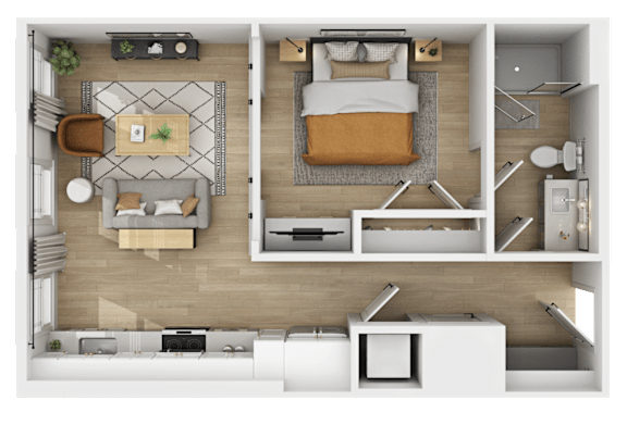3D floor plan of one bedroom apartment layout at The Yancey Apartments, Charlotte