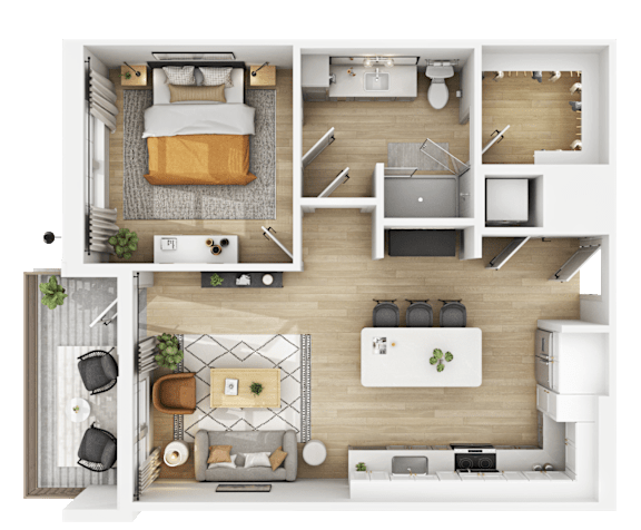 3D floor plan of one bedroom apartment with balcony at The Yancey Apartments, North Carolina
