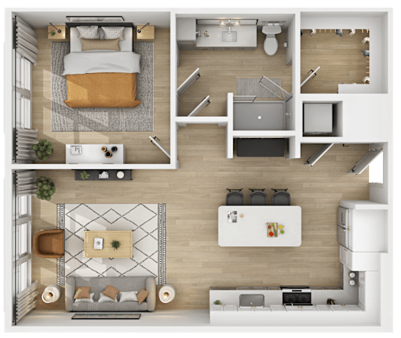 3D floor plan of studio apartment layout at The Yancey Apartments, North Carolina, 28217