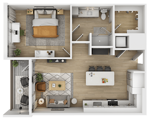 3D floor plan of one bedroom apartment with open layout at The Yancey Apartments, Charlotte, NC 28217
