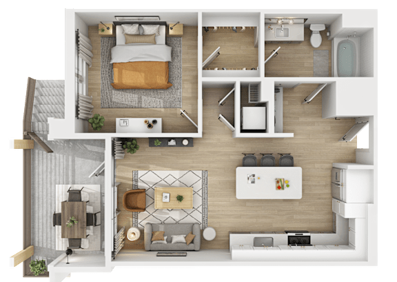 3D floor plan of one bedroom one bathroom apartment at The Yancey Apartments, Charlotte, NC
