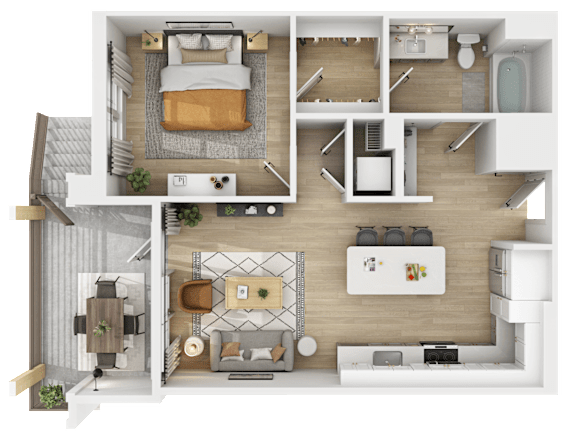 3D floor plan of two bedroom apartment with balcony at The Yancey Apartments, Charlotte, North Carolina