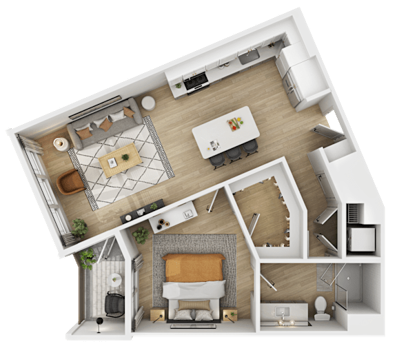 3D floor plan of one bedroom with open kitchen and living area at The Yancey Apartments, North Carolina