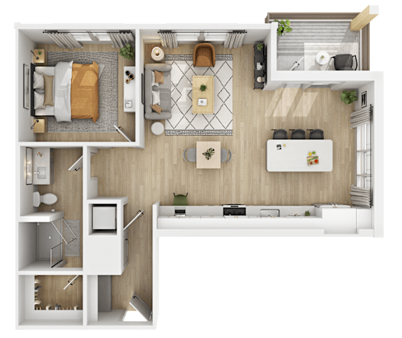 3D floor plan of one bedroom with open living space at The Yancey Apartments, North Carolina, 28217