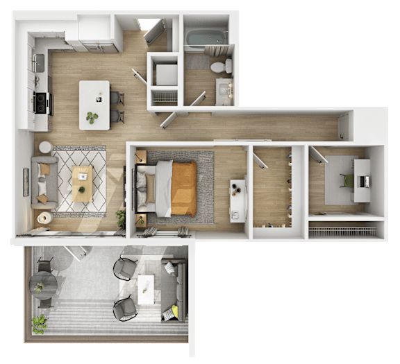 3D floor plan of two bedroom apartment with patio at The Yancey Apartments, Charlotte, NC 28217
