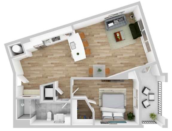 A top-down view of a modern apartment with a kitchen, living room, and bedroom.