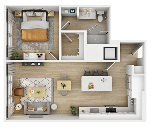 One bedroom floor plan with open living and kitchen space at The Yancey Apartments, Charlotte, North Carolina