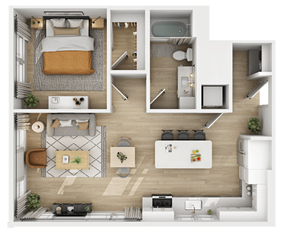 3D floor plan of two bedroom apartment with two bathrooms at The Yancey Apartments, Charlotte