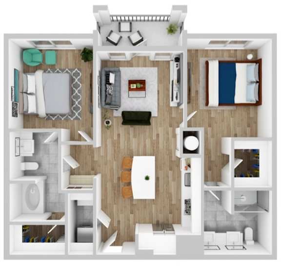 A top-down view of a small apartment with a kitchen, living room, and bathroom.