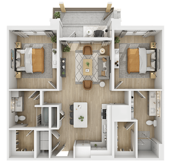 3D floor plan of two bedroom two bathroom apartment at The Yancey Apartments, North Carolina
