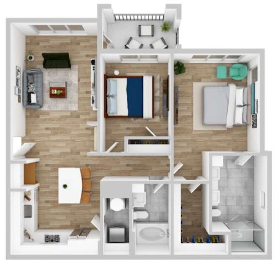 A 3D floor plan of a small apartment with a bedroom, living room, and bathroom.