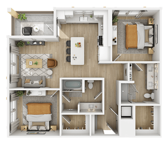 3D floor plan of two bedroom with dual bathrooms at The Yancey Apartments, North Carolina, 28217