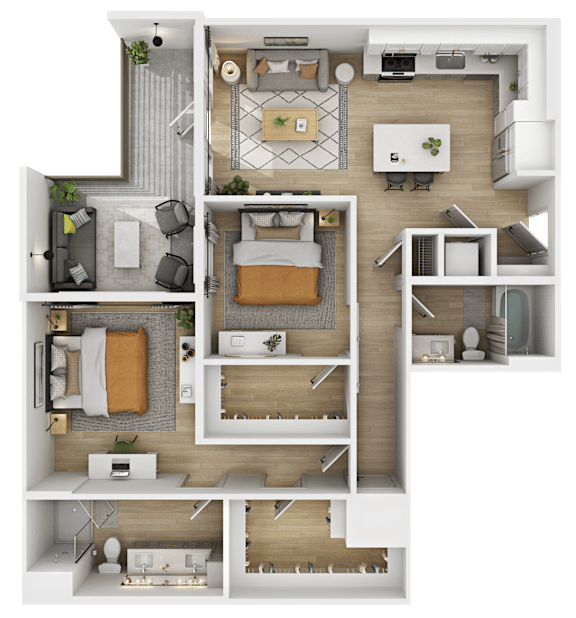 3D floor plan of two bedroom with balcony and dining at The Yancey Apartments, Charlotte, NC 28217