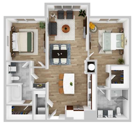 A top-down view of a modern apartment layout with a kitchen, living room, and bedrooms.