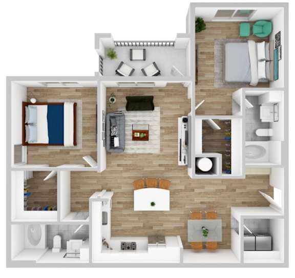A 3D floor plan of a small apartment with a kitchen, living room, and bathroom.