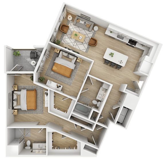 3D floor plan of two bedroom apartment interior at The Yancey Apartments, Charlotte, NC
