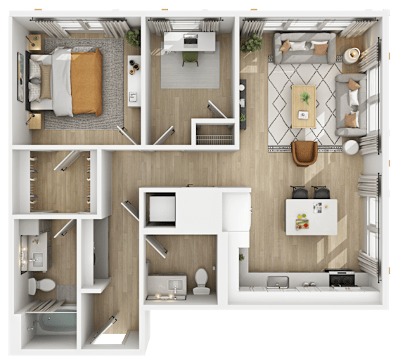 3D floor plan of two bedroom with open concept living at The Yancey Apartments, Charlotte, 28217