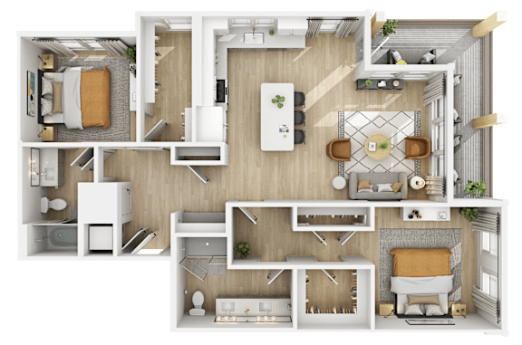 3D floor plan of 2 bedroom with walk-in closets at The Yancey Apartments, Charlotte, North Carolina