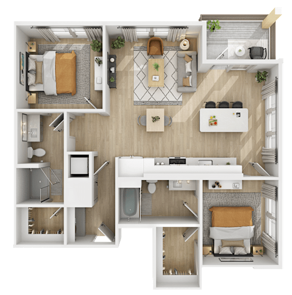 3D floor plan of two bedroom apartment layout at The Yancey Apartments, Charlotte