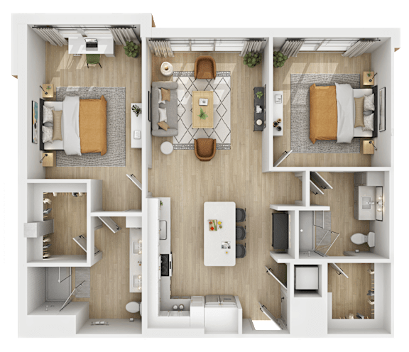 3D floor plan of two bedroom with central dining area at The Yancey Apartments, North Carolina