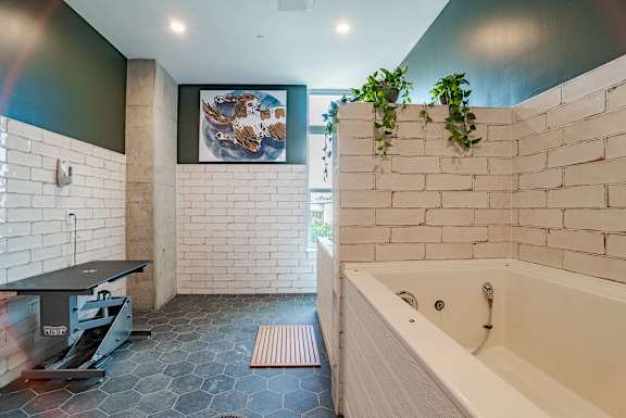 Spa inspired bathroom with soaking tub and modern finishes at The Yancey Apartments, North Carolina