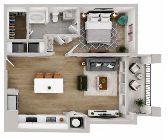 Floor Plan  A top-down view of a modern apartment layout with a kitchen, living room, and bedroom.
