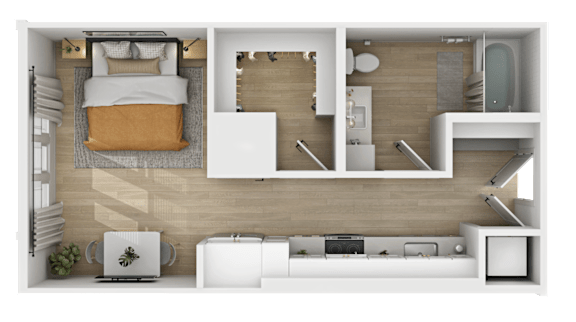 3D floor plan of studio with separate dining nook at The Yancey Apartments, Charlotte, NC 28217