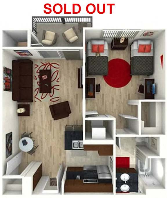 A 3D rendered image of a small apartment layout with the text "SOLD OUT" at the top.