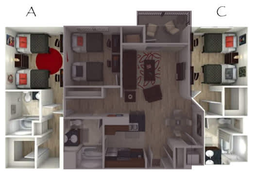 Floor Plan  Three images of a small apartment with a kitchen, living room, and bedroom.