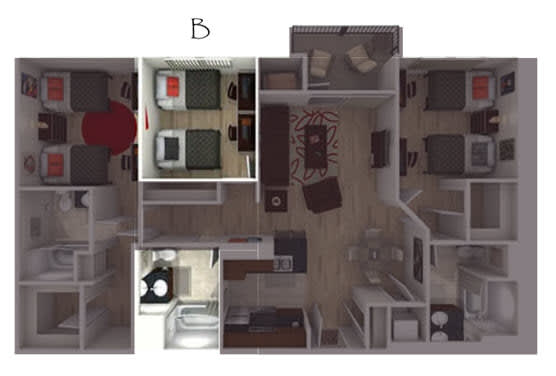 Floor Plan  A dollhouse with a bedroom, living room, and kitchen.