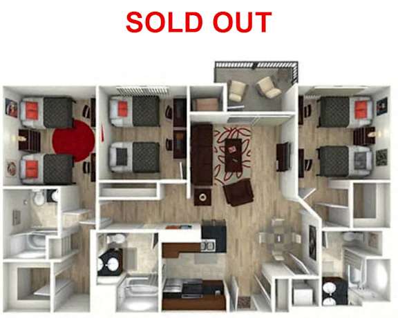 A series of images showing different layouts of a small apartment, all of which are sold out.